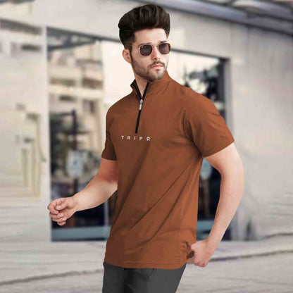 Men High Neck Brown Half Sleeve Zipper T-Shirt