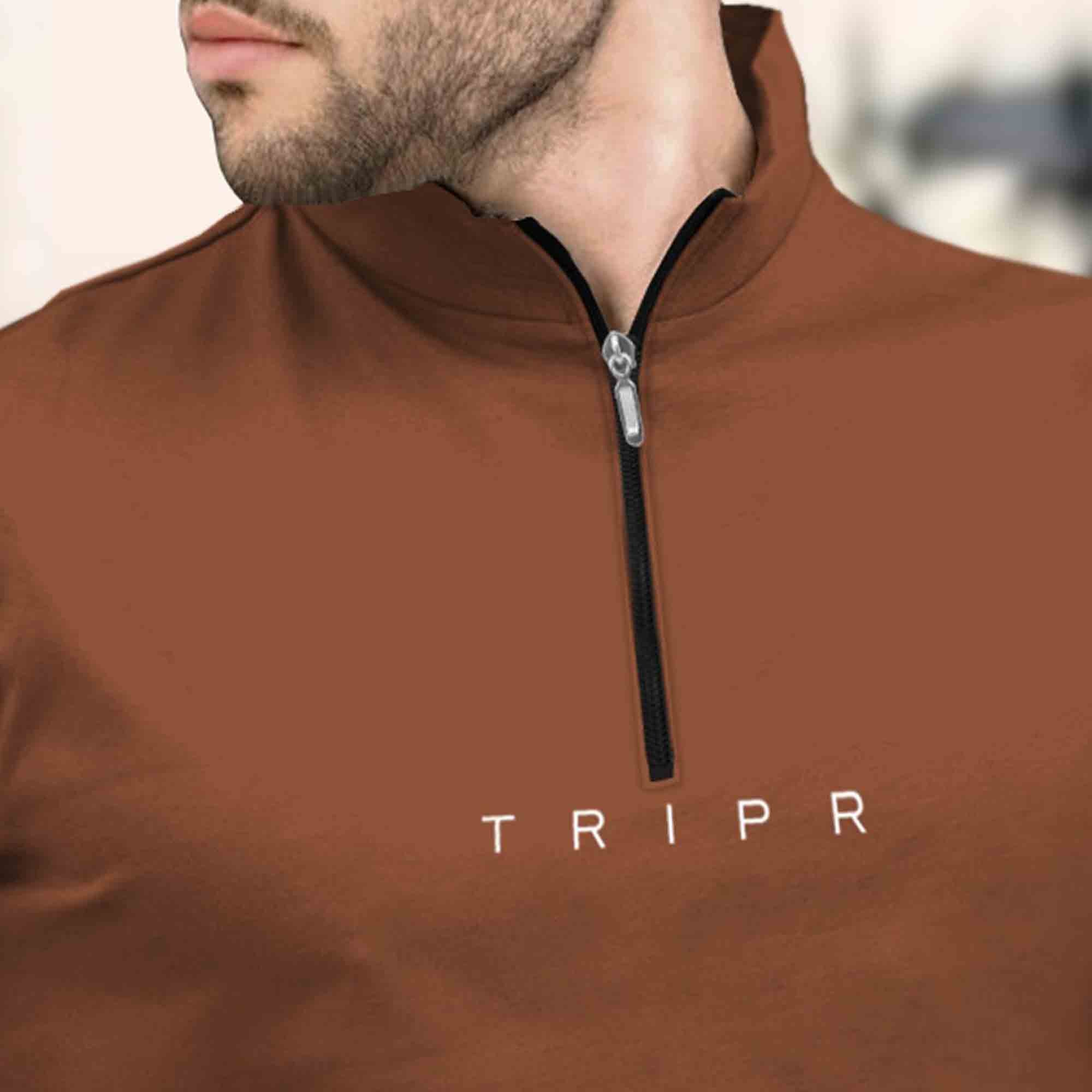Men High Neck Brown Half Sleeve Zipper T-Shirt