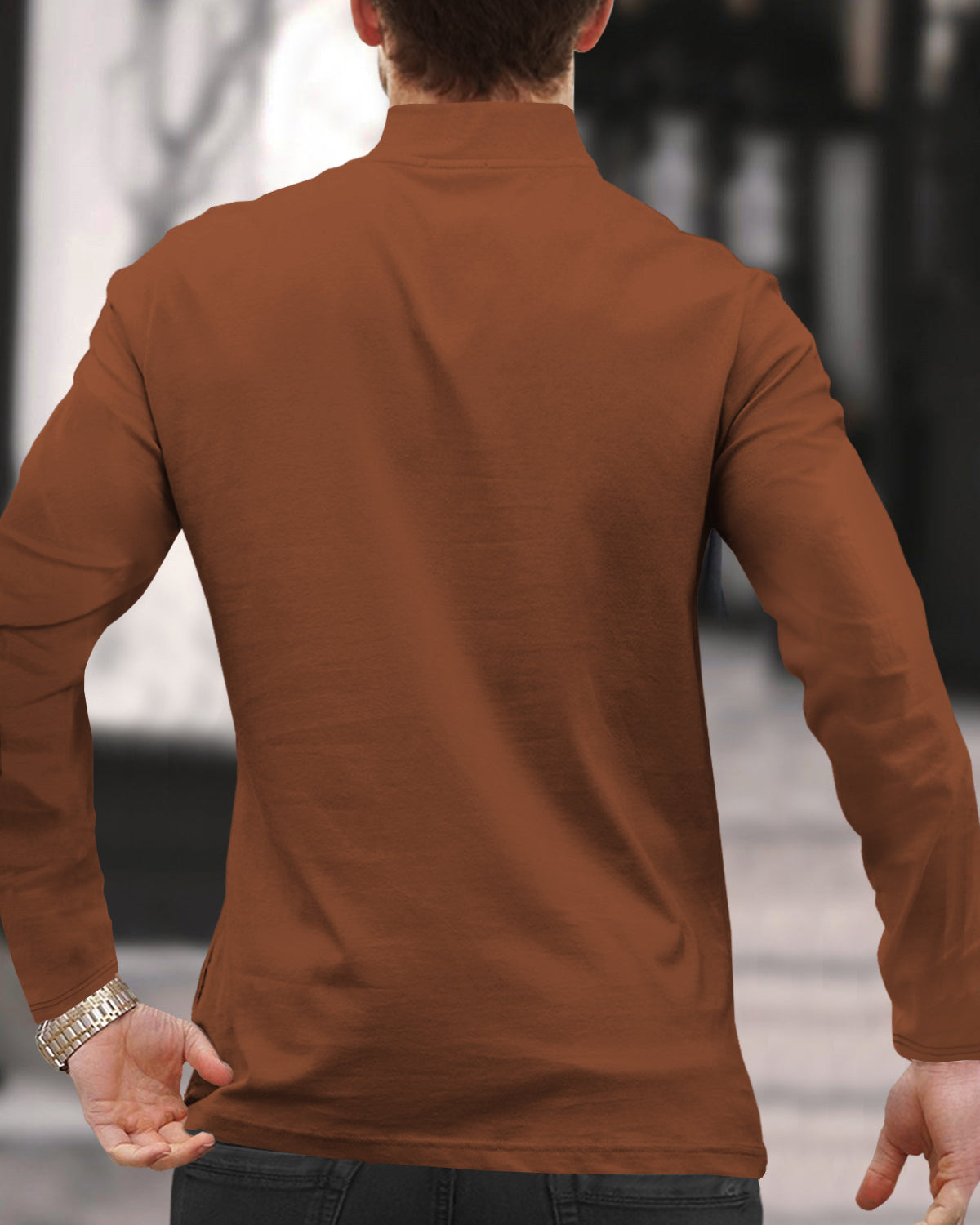 Men BROWN ZIPPER NECK Full Sleeve T-Shirt