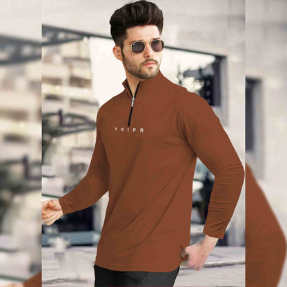 Men BROWN ZIPPER NECK Full Sleeve T-Shirt