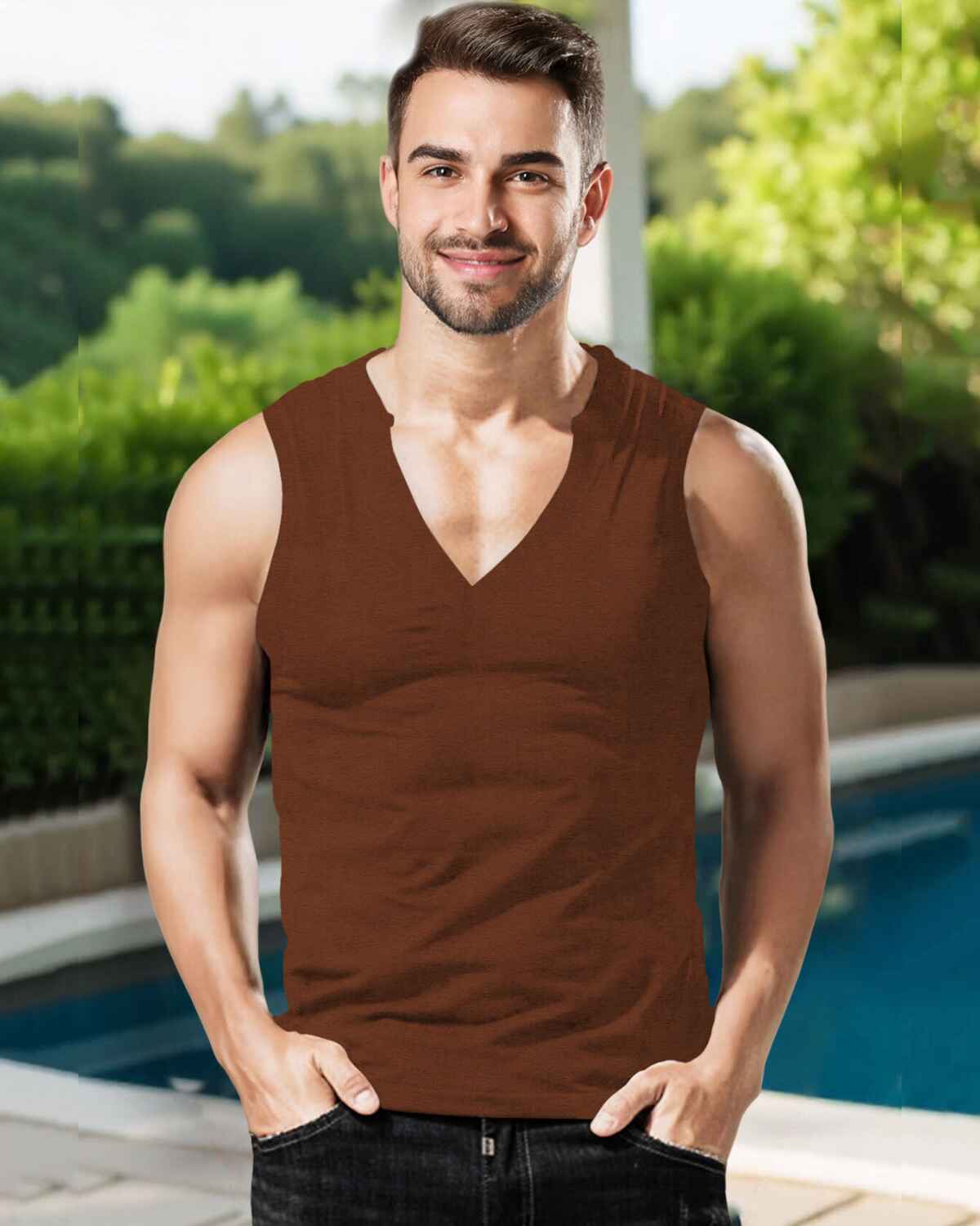 Men V-neck Plain Vest / Brown