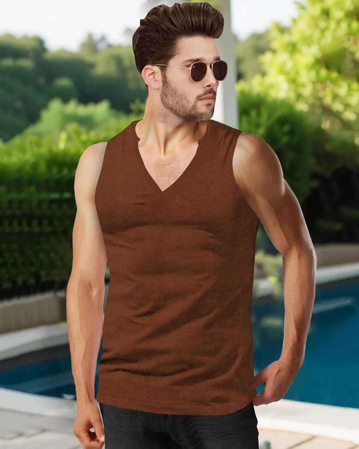 Men V-neck Plain Vest / Brown
