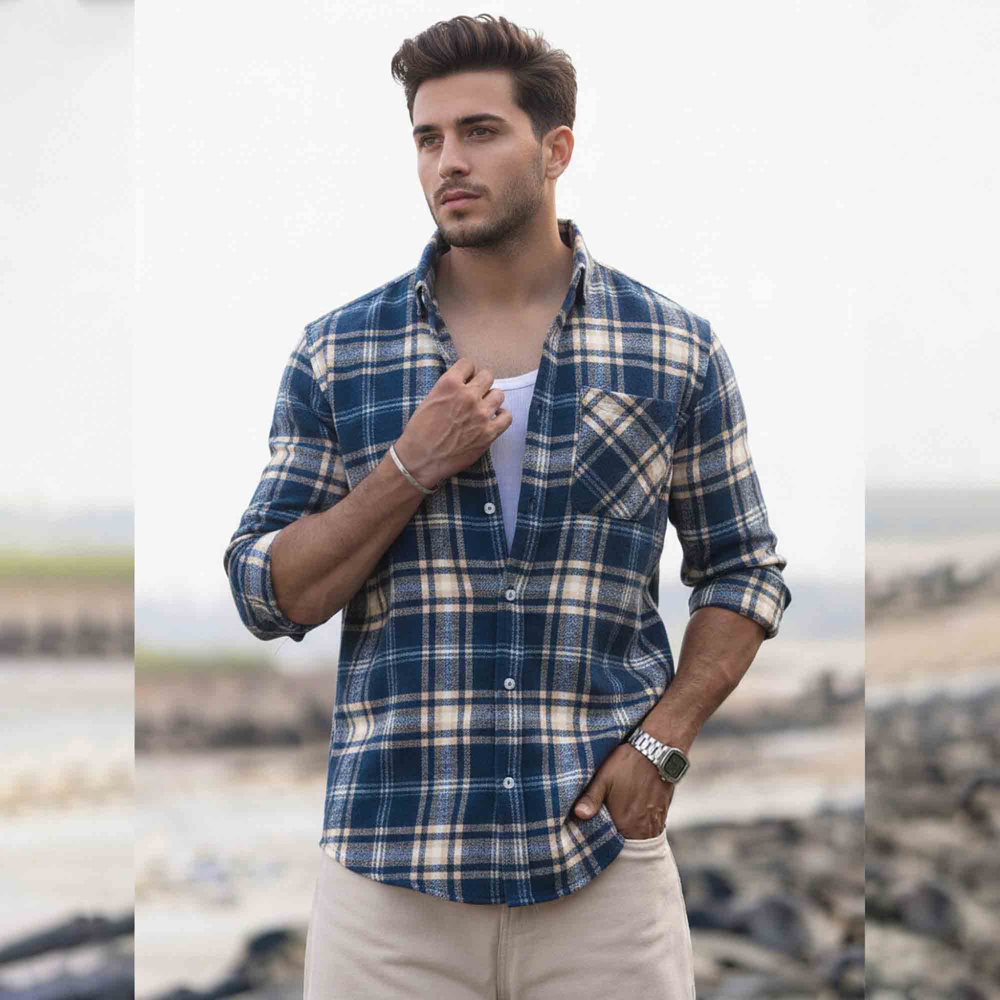 Mens Regular Fit Cotton Checked Shirt Blue & Beige