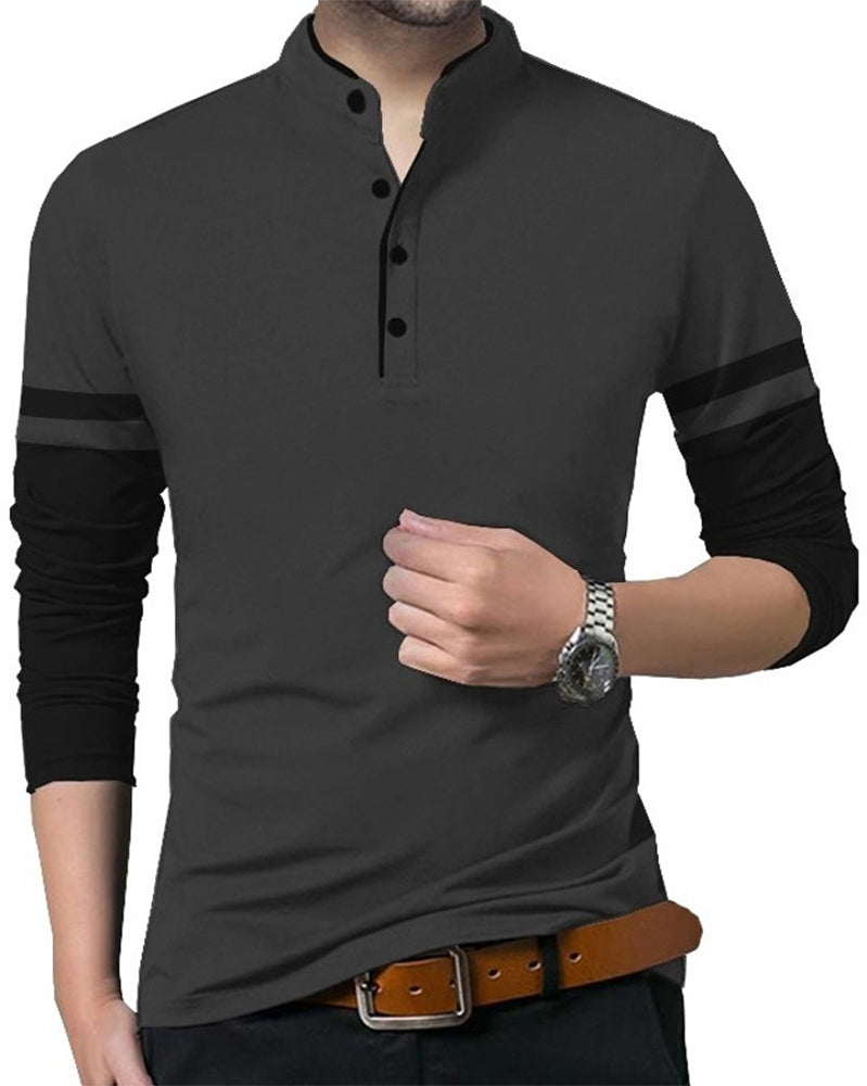 Men Henely Neck Full Sleeve T-shirt / Charcoal Black