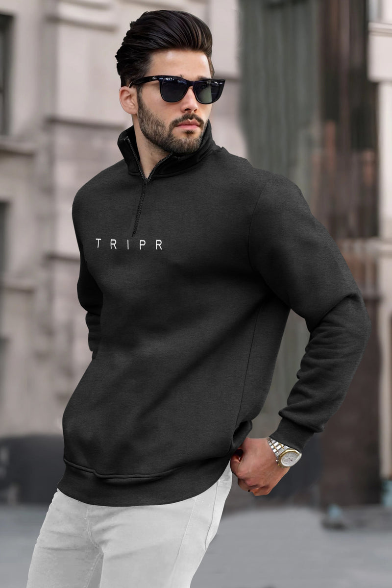 Men Zipper High Neck Charcoal black Sweatshirt