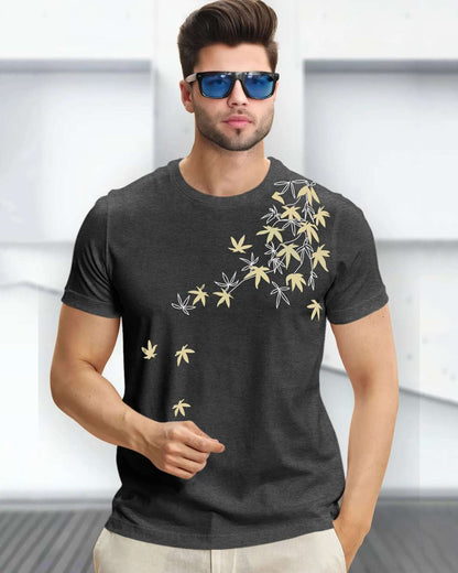 Feather Printed Half Sleeve Round Neck Mens T-shirt / Charcoal Black