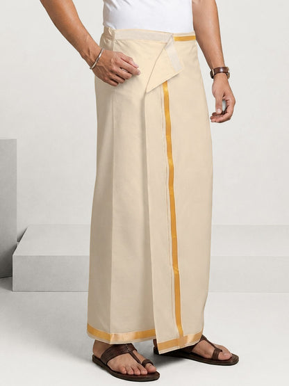 Men Single Layer Golden Zari Border, Velcro Closure & Pocket Solid Dhoti