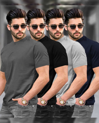 Mens Half Sleeve Multicolor Plain Round Neck T-shirts (Pack Of 4)