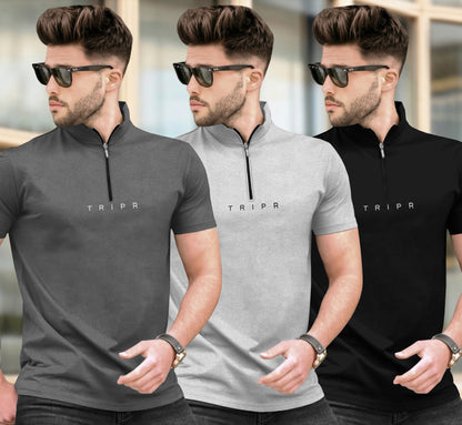 (Pack Of 3) High Neck Half Sleeve Plain T-shirts Multicolor