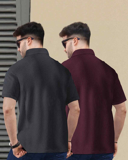 (Pack Of 2) Men Darkgrey & Maroon Textured Polo Half Sleeve Waffle T-shirts