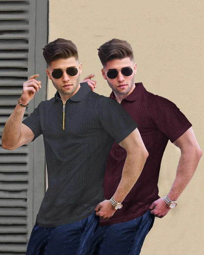 (Pack Of 2) Men Darkgrey & Maroon Textured Polo Half Sleeve Waffle T-shirts