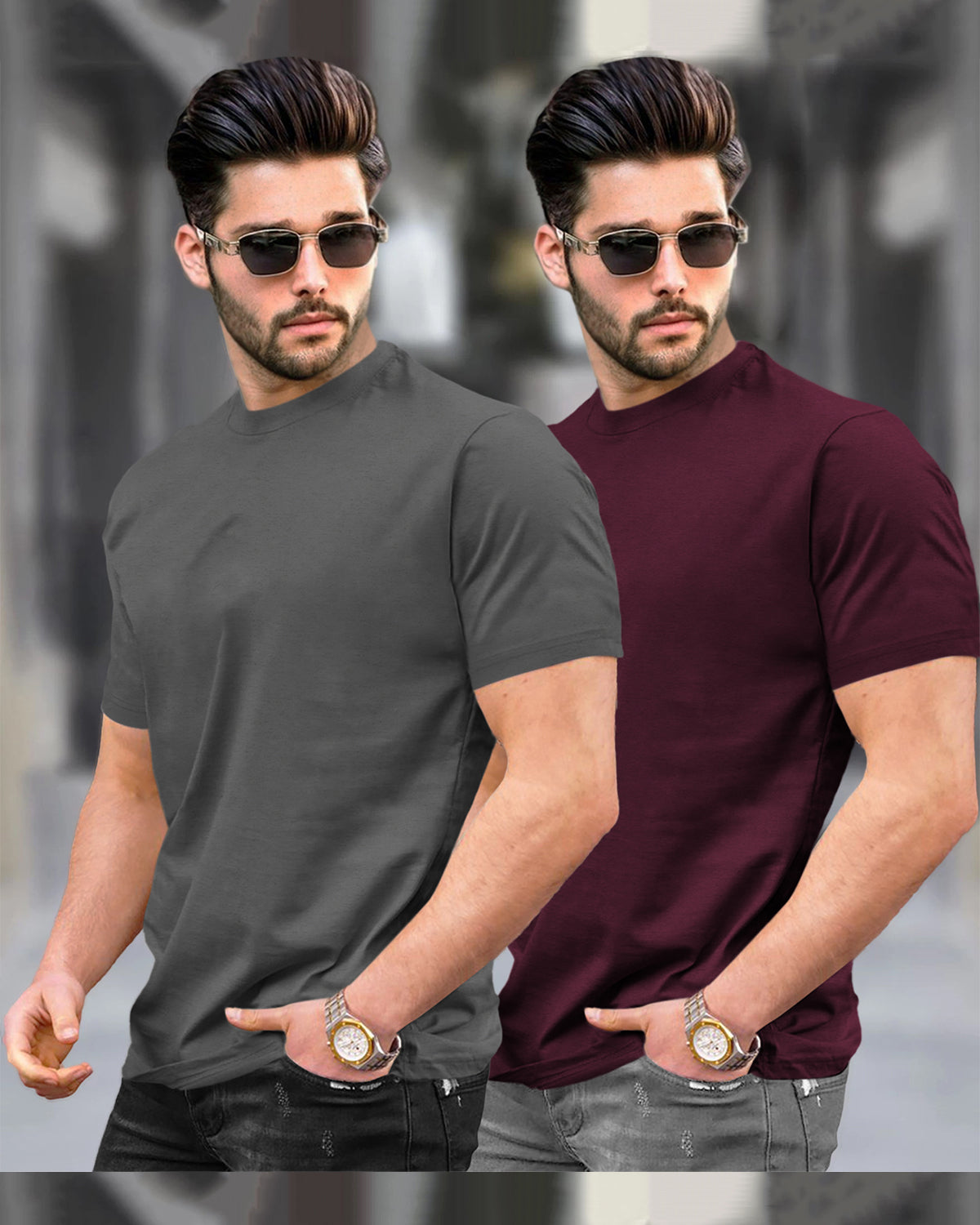 Mens Round Neck Half Sleeve Dark Grey & Maroon T-shirts (Pack Of 2)