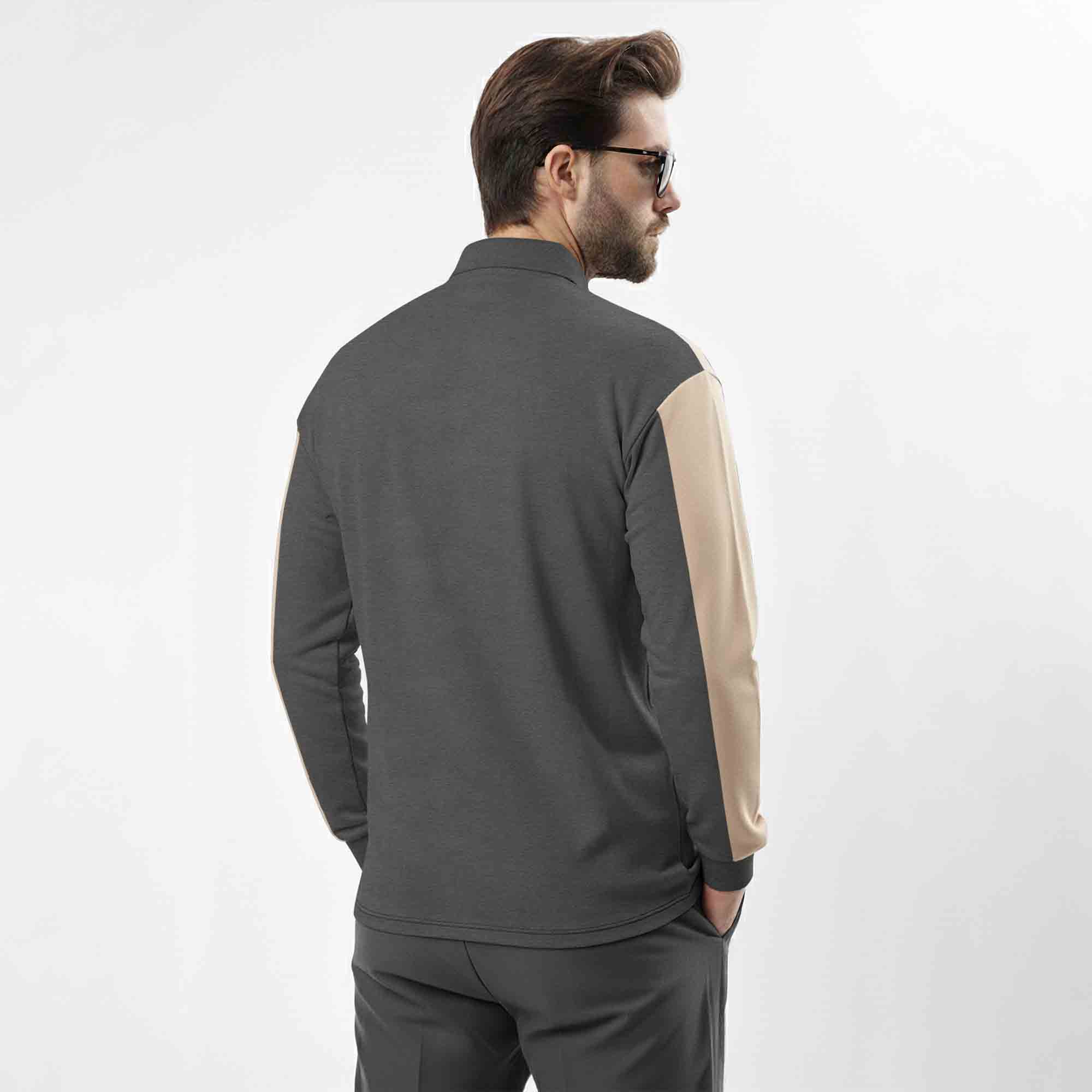 Men Colorblock Polo Neck Full Sleeve T-Shirt Darkgrey & Beige