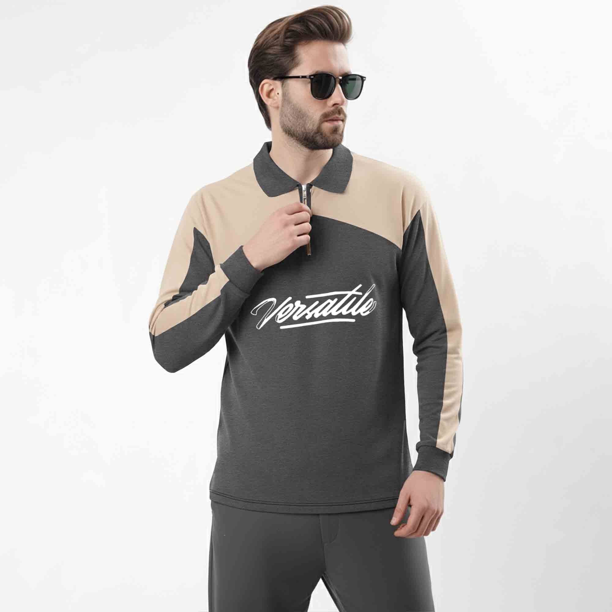 Men Colorblock Polo Neck Full Sleeve T-Shirt Darkgrey & Beige