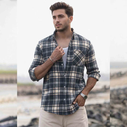 Mens Regular Fit Cotton Checked Shirt Darkgrey & Beige