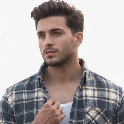 Mens Regular Fit Cotton Checked Shirt Darkgrey & Beige