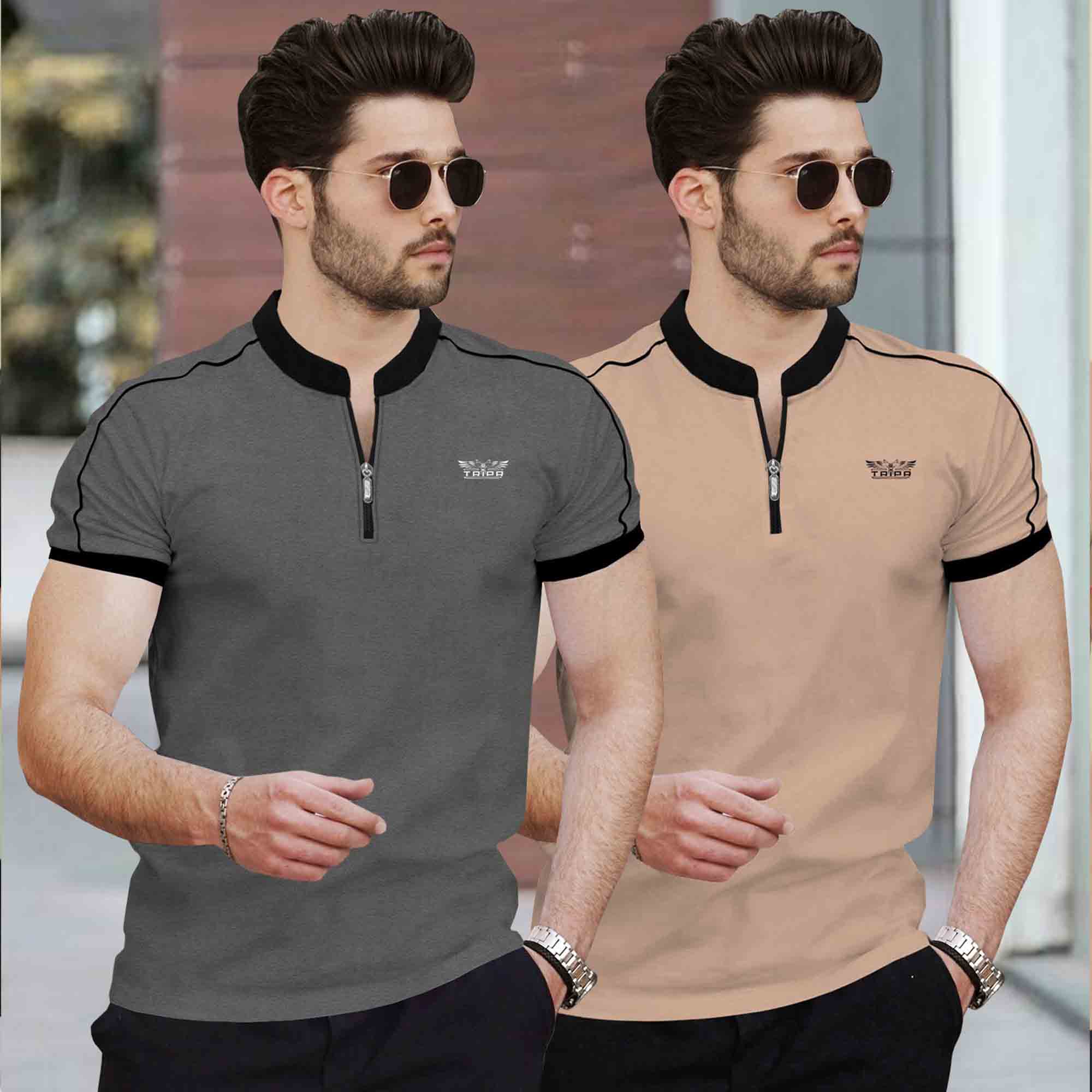 Mandarin Neck Half Sleeve Multicolor (Pack Of 2) T-shirts-12 Variants