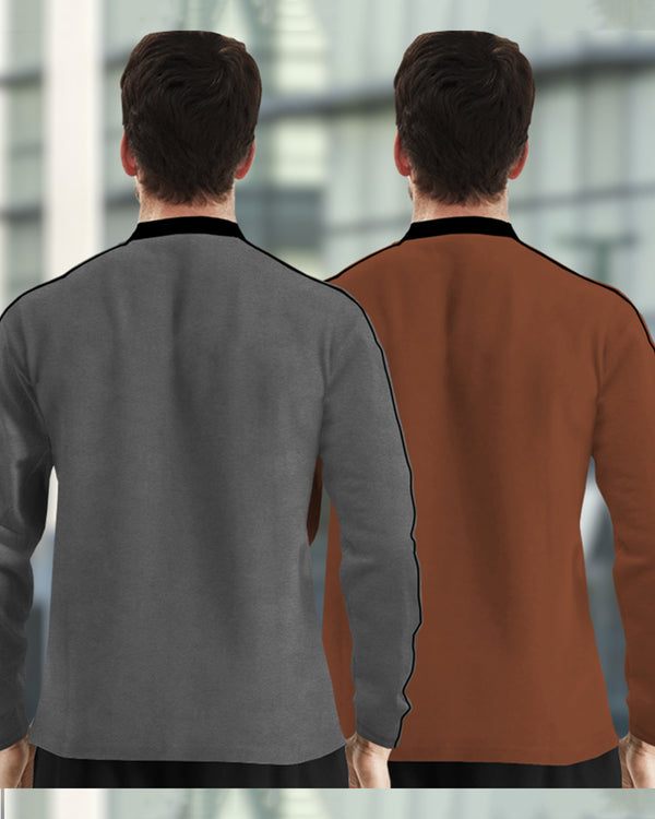 Mens Henely Neck Full Sleeve T-shirts (Pack Of 2) / Dark Grey & Brown