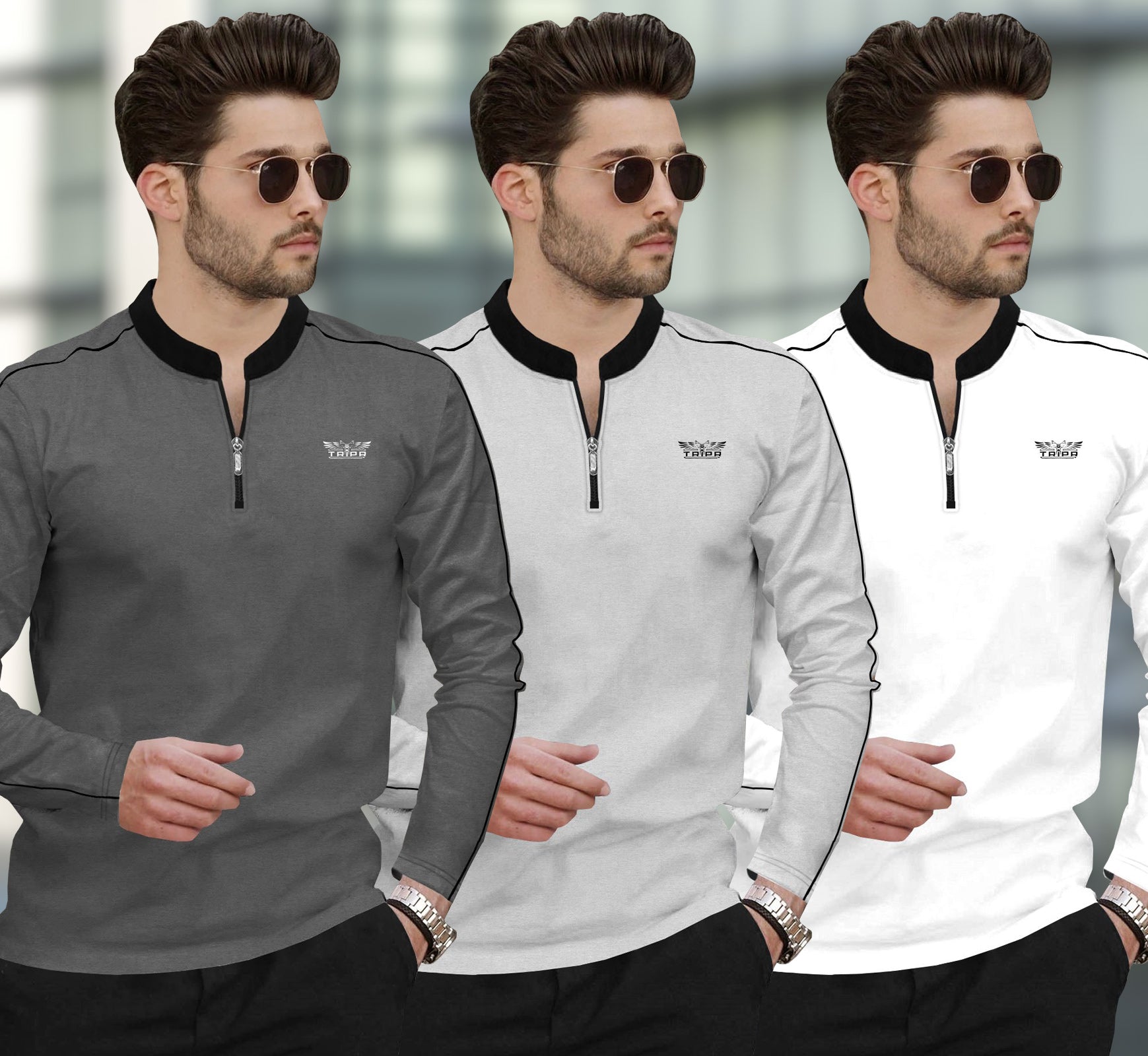 (Pack Of 3) Henley Neck Full Sleeve Colorblocked T-shirts