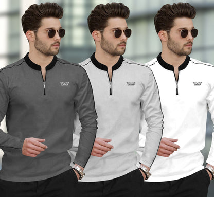 (Pack Of 3) Henley Neck Full Sleeve Colorblocked T-shirts