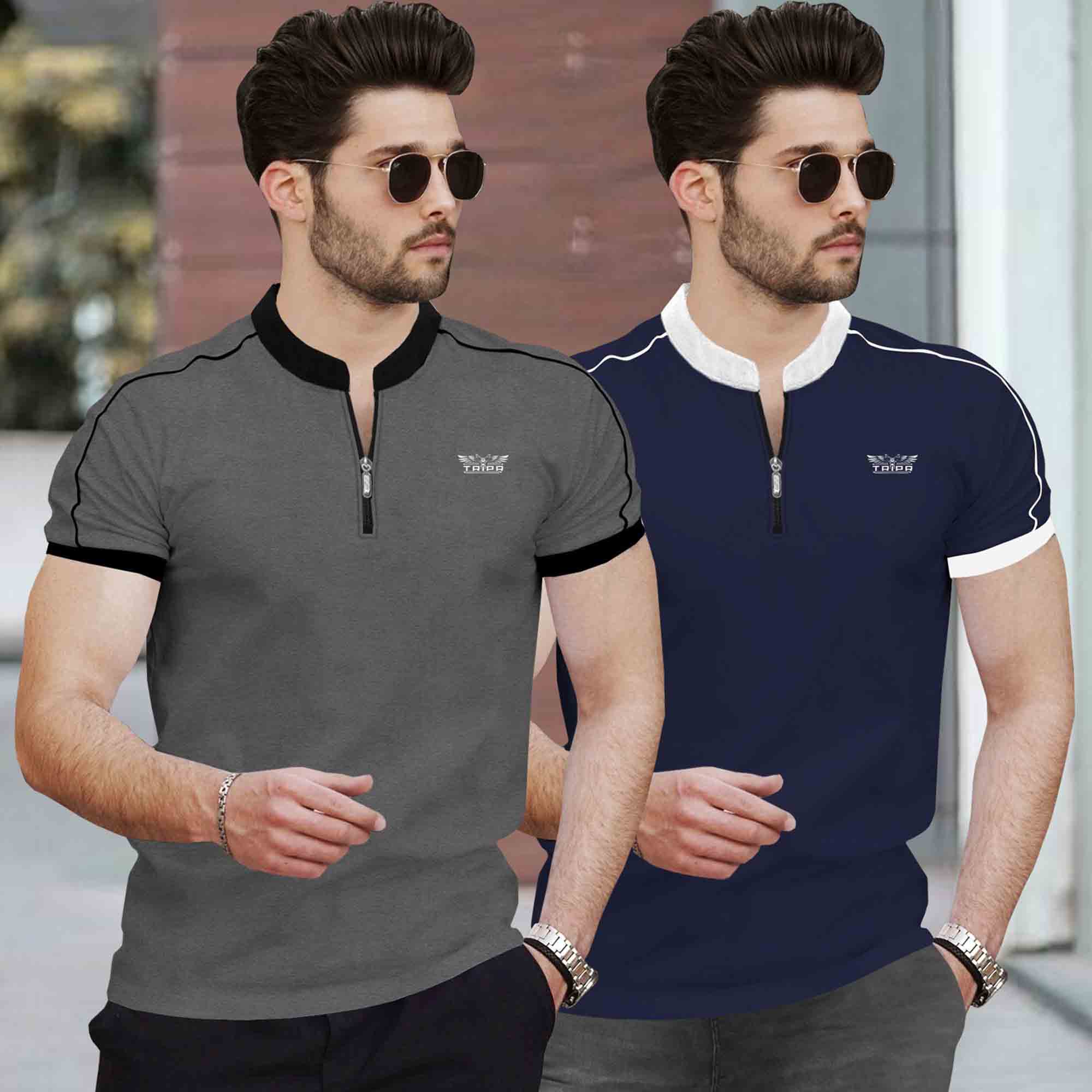 Mandarin Neck Half Sleeve Multicolor (Pack Of 2) T-shirts-12 Variants