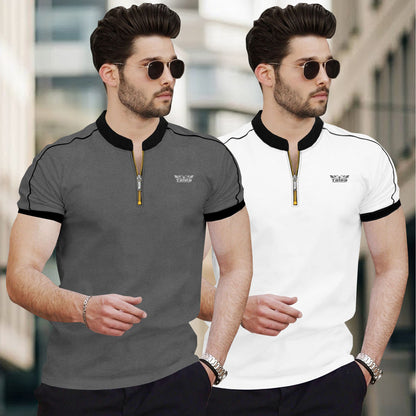 Men Pack of 2 Mandarin Collar Golden Zip Neck Combo Tshirts