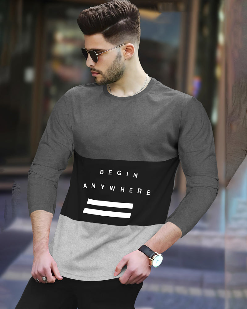 Men DARK GREY COLOR BLOCK Full Seelve T-Shirt