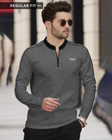 Men DARK GREY Mandarin Collar Full Seelve Zip Neck T-Shirt