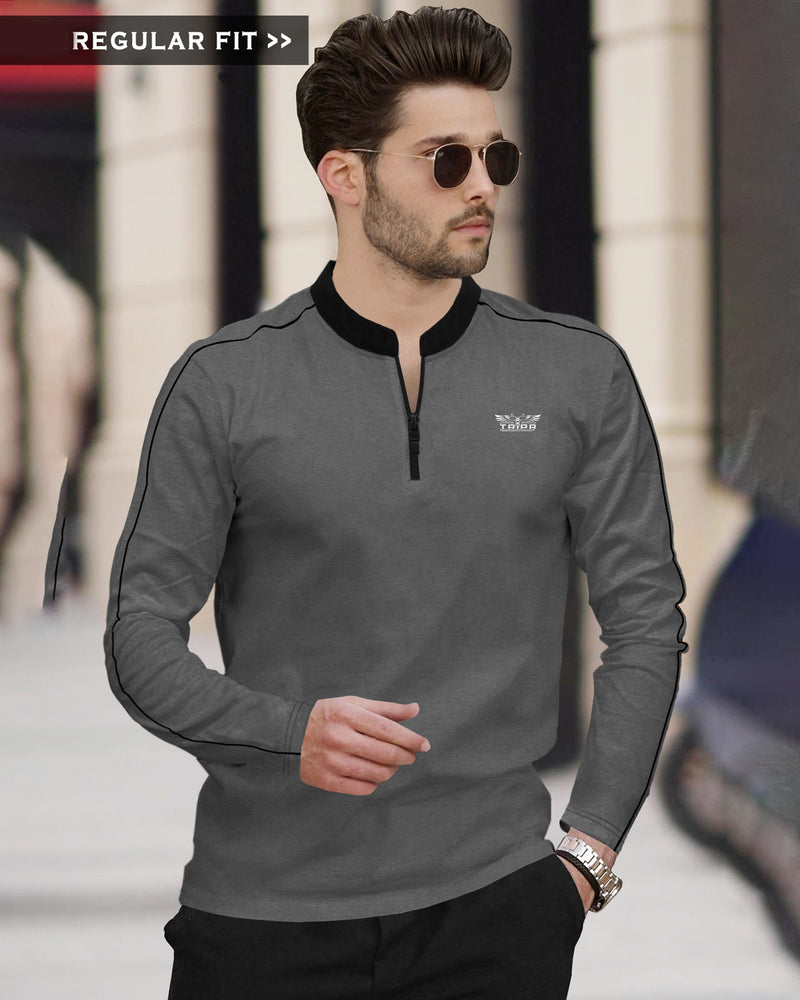 Men DARK GREY Mandarin Collar Full Seelve Zip Neck T-Shirt