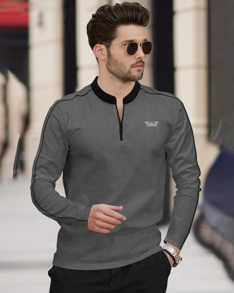 Men DARK GREY Mandarin Collar Full Seelve Zip Neck T-Shirt