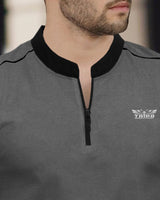 Men DARK GREY Mandarin Collar Full Seelve Zip Neck T-Shirt