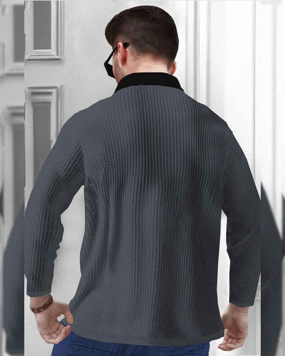 Men's Polo Collar Darkgrey Black Contrast Waffle Textured Full Sleeve Tshirt with Quarter Zip Neck