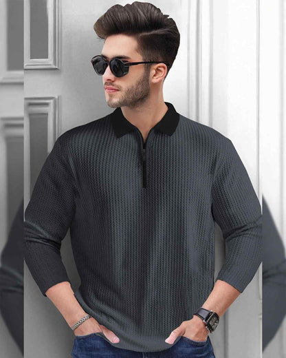 Men's Polo Collar Darkgrey Black Contrast Waffle Textured Full Sleeve Tshirt with Quarter Zip Neck