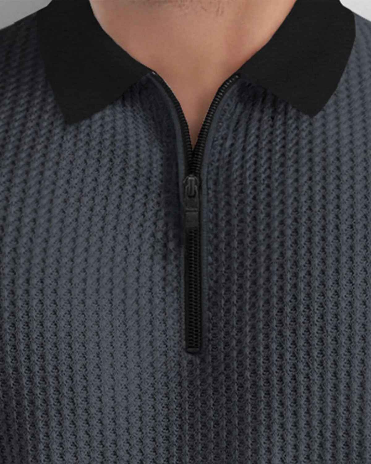 Men's Polo Collar Darkgrey Black Contrast Waffle Textured Full Sleeve Tshirt with Quarter Zip Neck