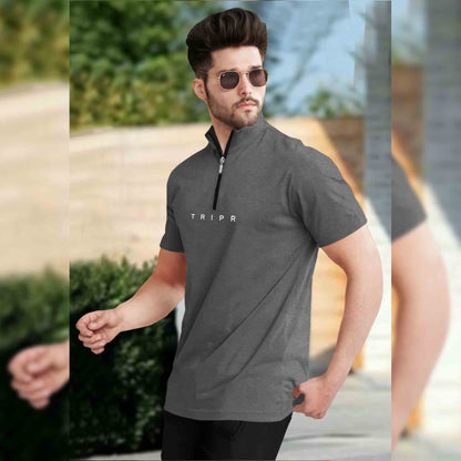 Men High Neck Plain Dark Grey Half Sleeve Zipper T-Shirt