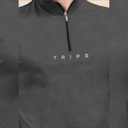 Men High Neck Plain Dark Grey Half Sleeve Zipper T-Shirt