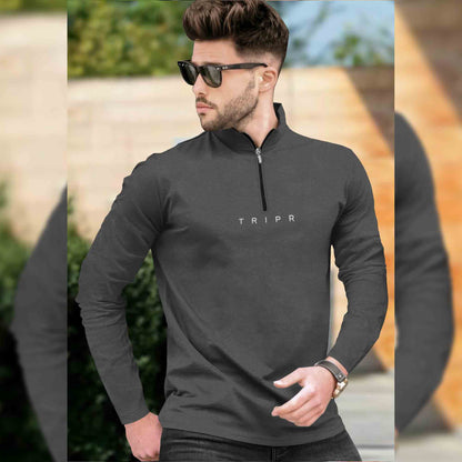 Men DARK GREY ZIPPER NECK Full Sleeve T-Shirt