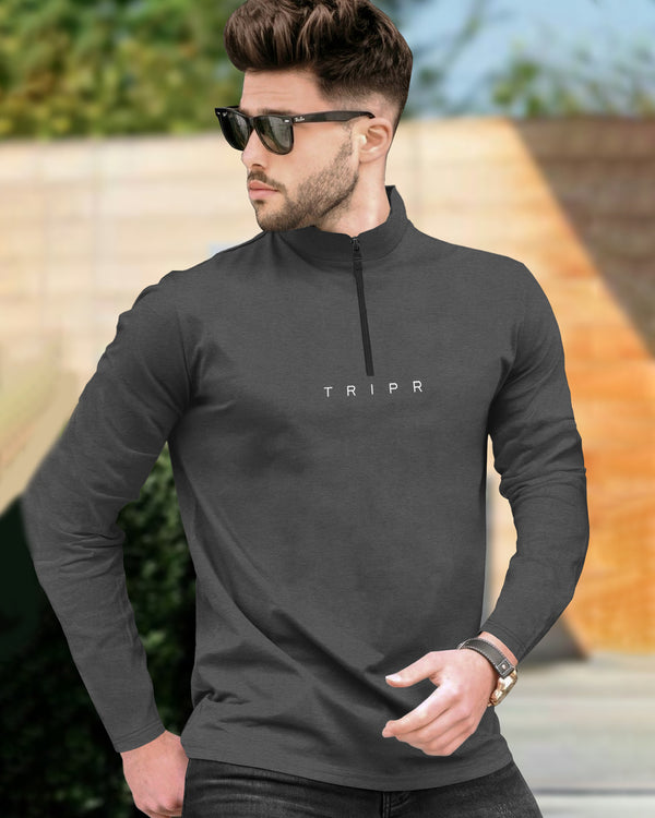 Men DARK GREY ZIPPER NECK Full Seelve T-Shirt