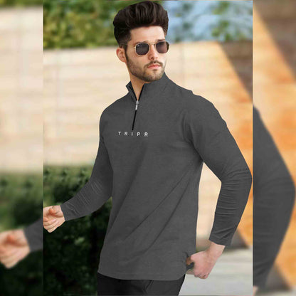 Men DARK GREY ZIPPER NECK Full Sleeve T-Shirt