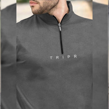 Men DARK GREY ZIPPER NECK Full Sleeve T-Shirt