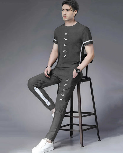 Tracksuit For Men Darkgrey Printed Half T-shirt & Darkgrey Printed Trackpant