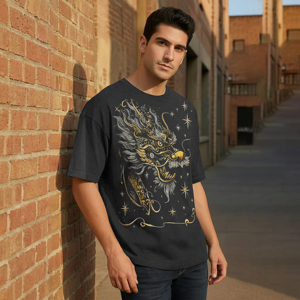 Japanese Dragon Printed Oversized Darkgrey T-shirt