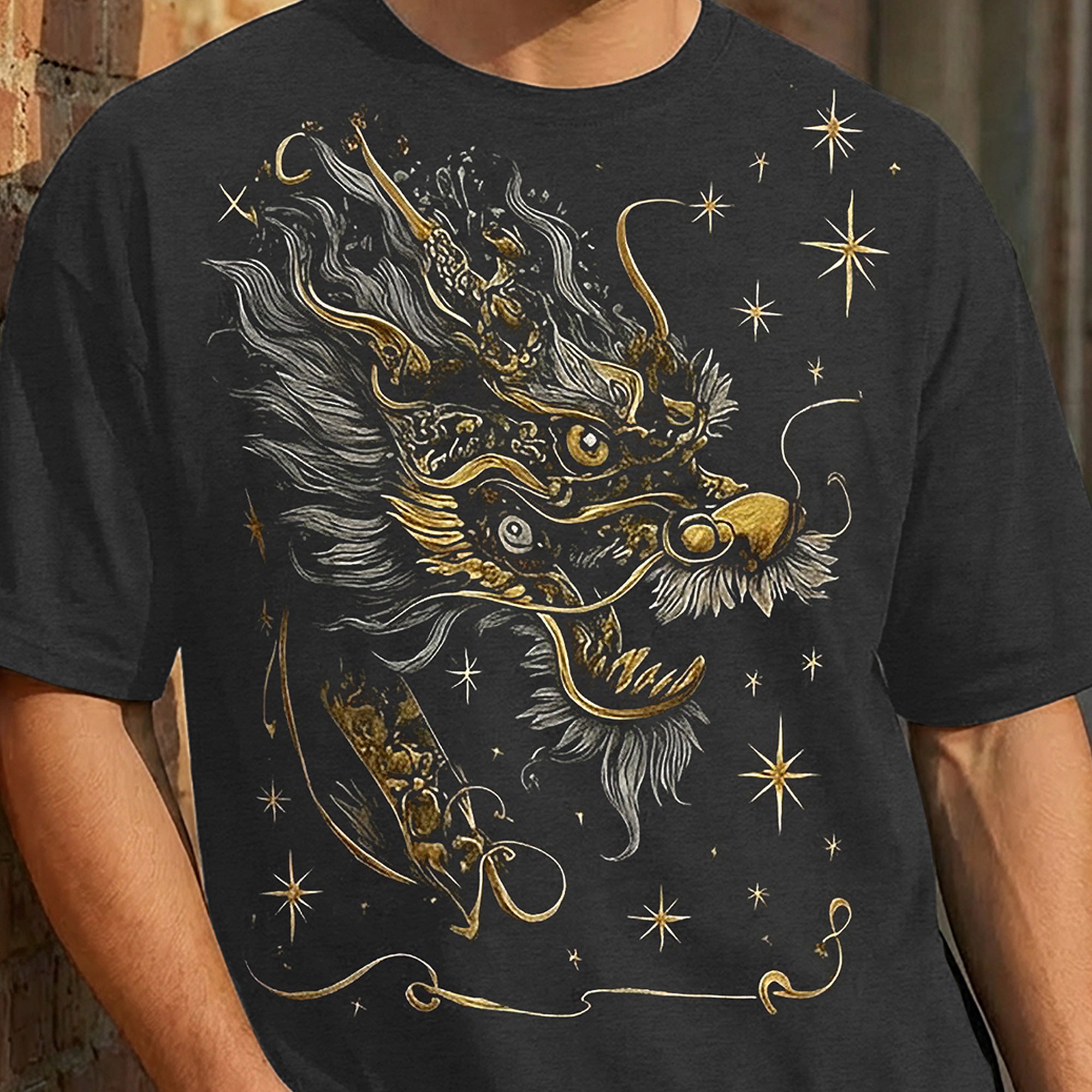 Japanese Dragon Printed Oversized Darkgrey T-shirt