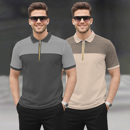 (Pack Of 2) Quarter Zip Polo Neck Printed Tshirts