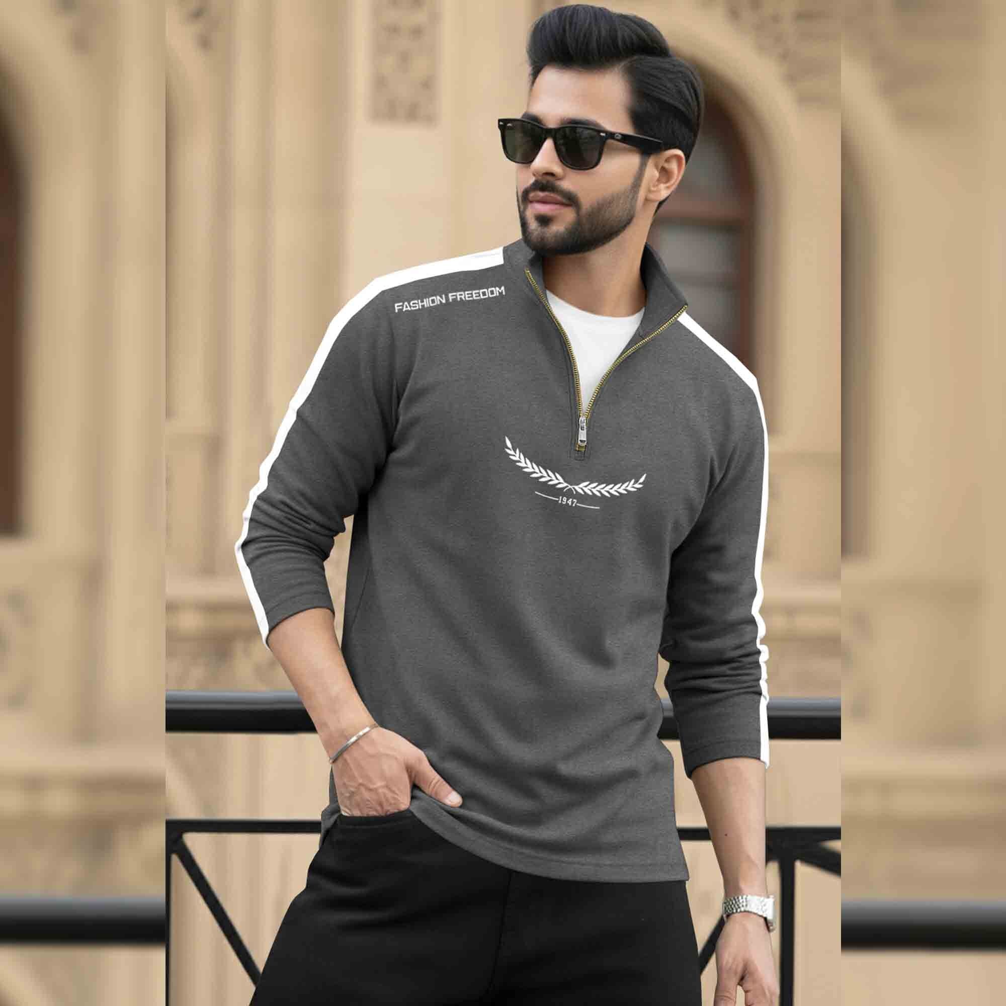 Men Full Sleeve High Neck Cotton Blend Darkgrey-White T-shirt