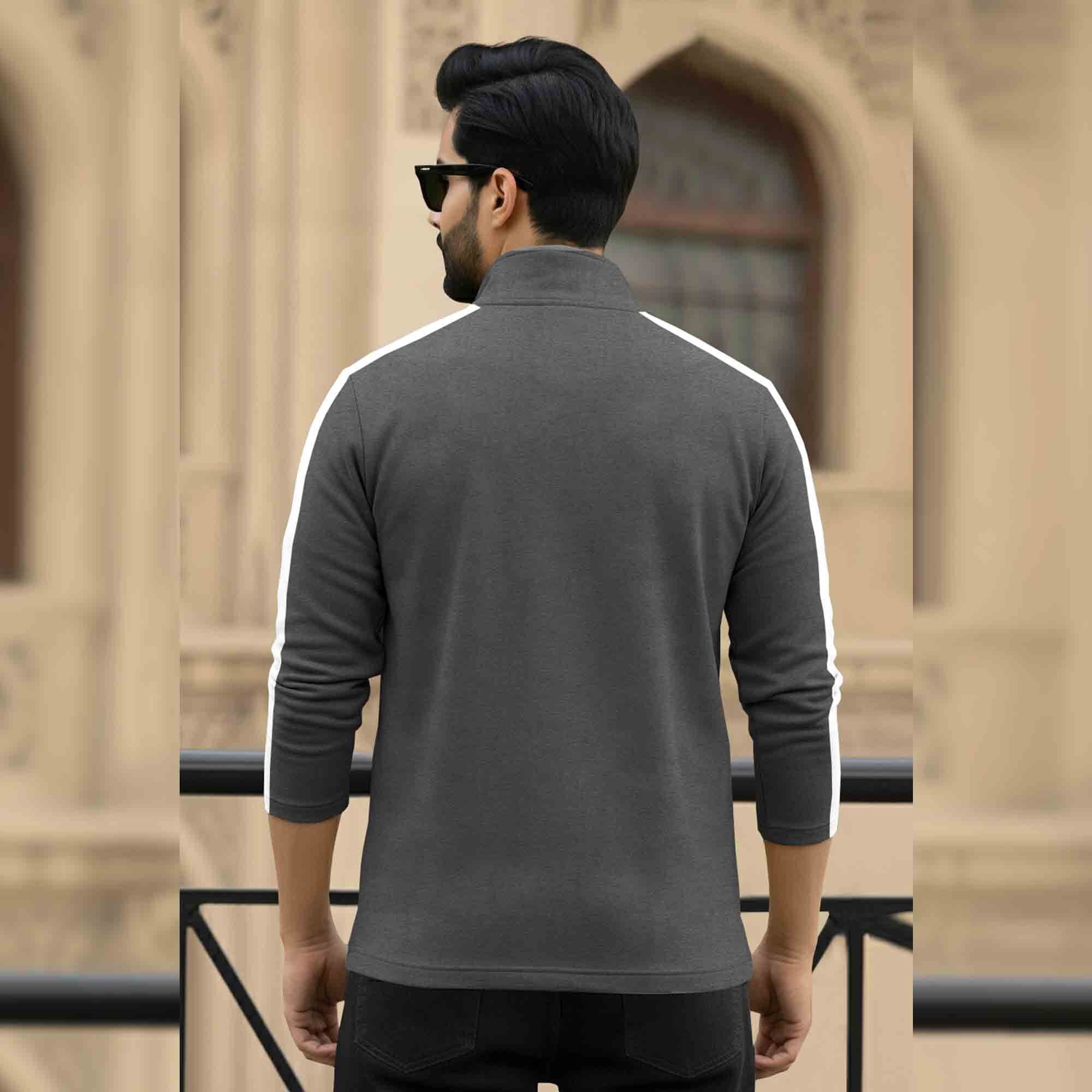 Men Full Sleeve High Neck Cotton Blend Darkgrey-White T-shirt