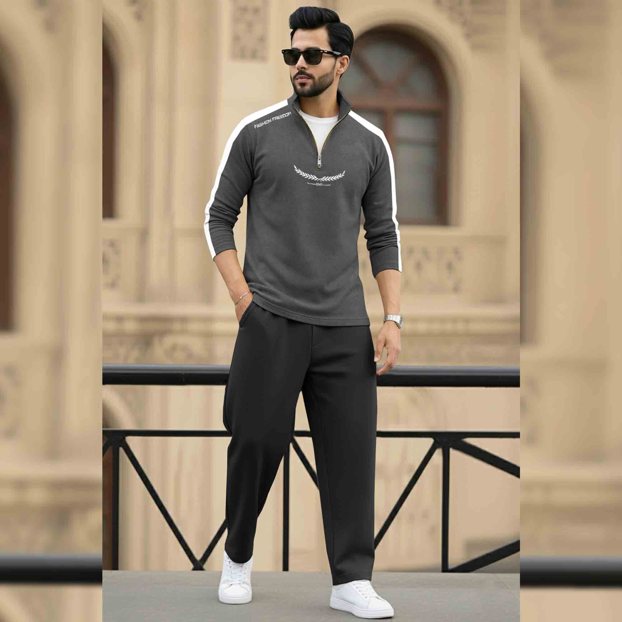 Men Full Sleeve High Neck Cotton Blend Darkgrey-White T-shirt