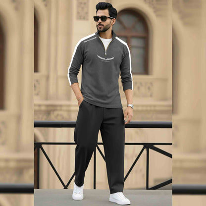 Men Full Sleeve High Neck Cotton Blend Darkgrey-White T-shirt