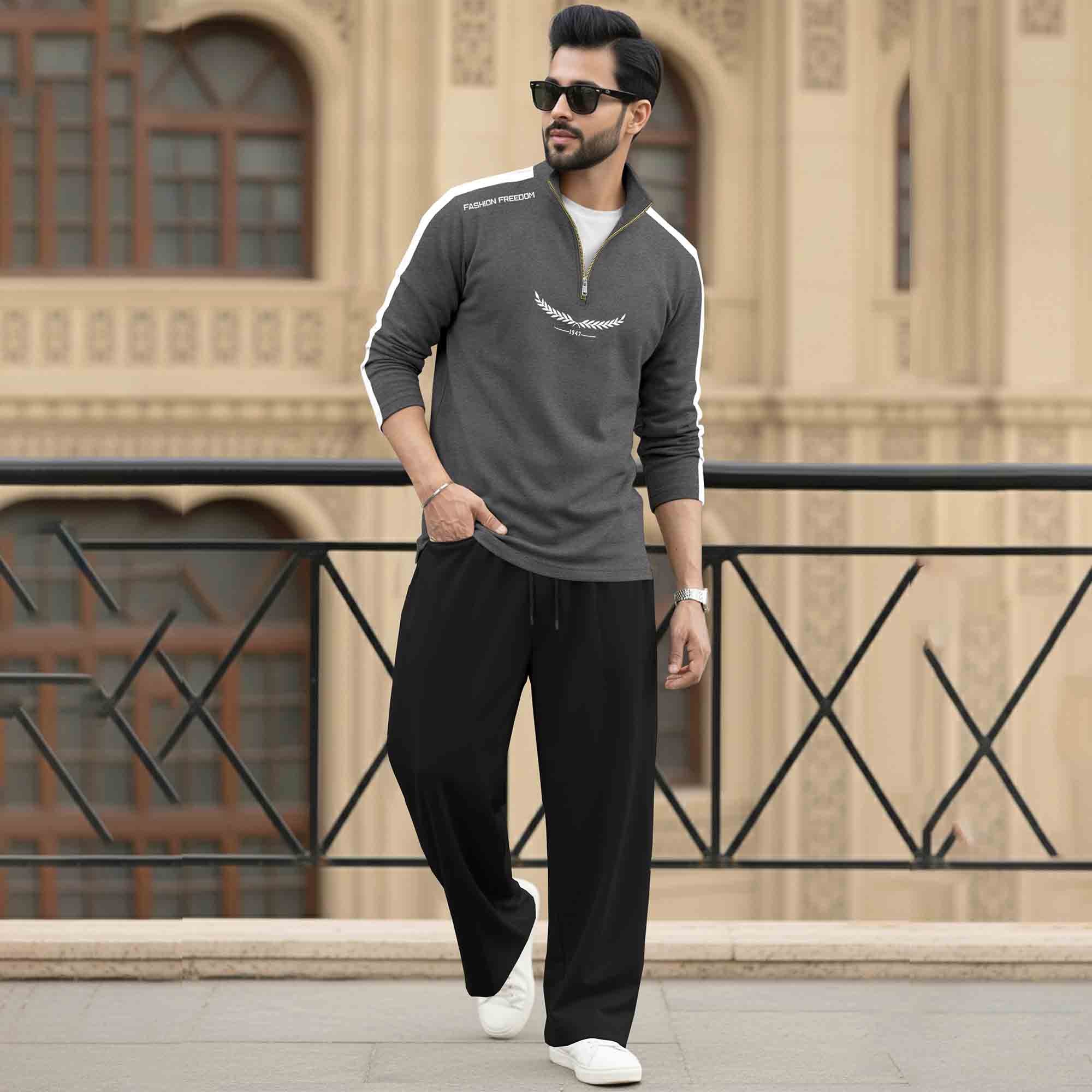 Men Tracksuit - High Neck Full Sleeve Printed T shirts & Plain Baggy pants- 15 Variants