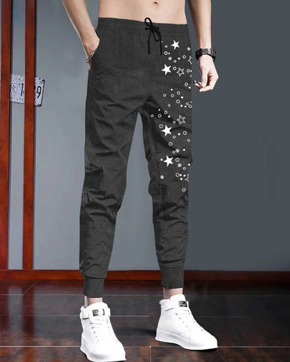 Men Star Printed With Cuffed Trackpant / Darkgrey & White
